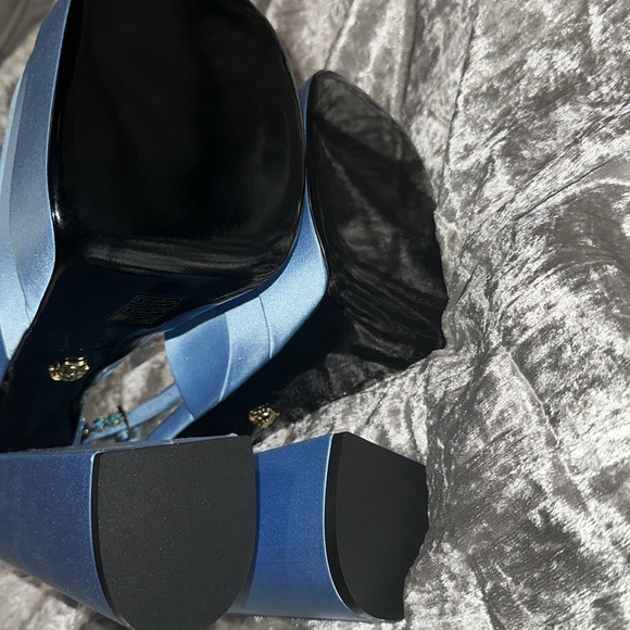 Versace Blue Satin Platform Heels with Jeweled Ankle Strap - Picture 3 of 3